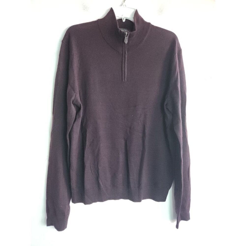Bloomingdale Men Dark Purple 1/2 Zip 100% Merino Wool/Leather Sweater Large